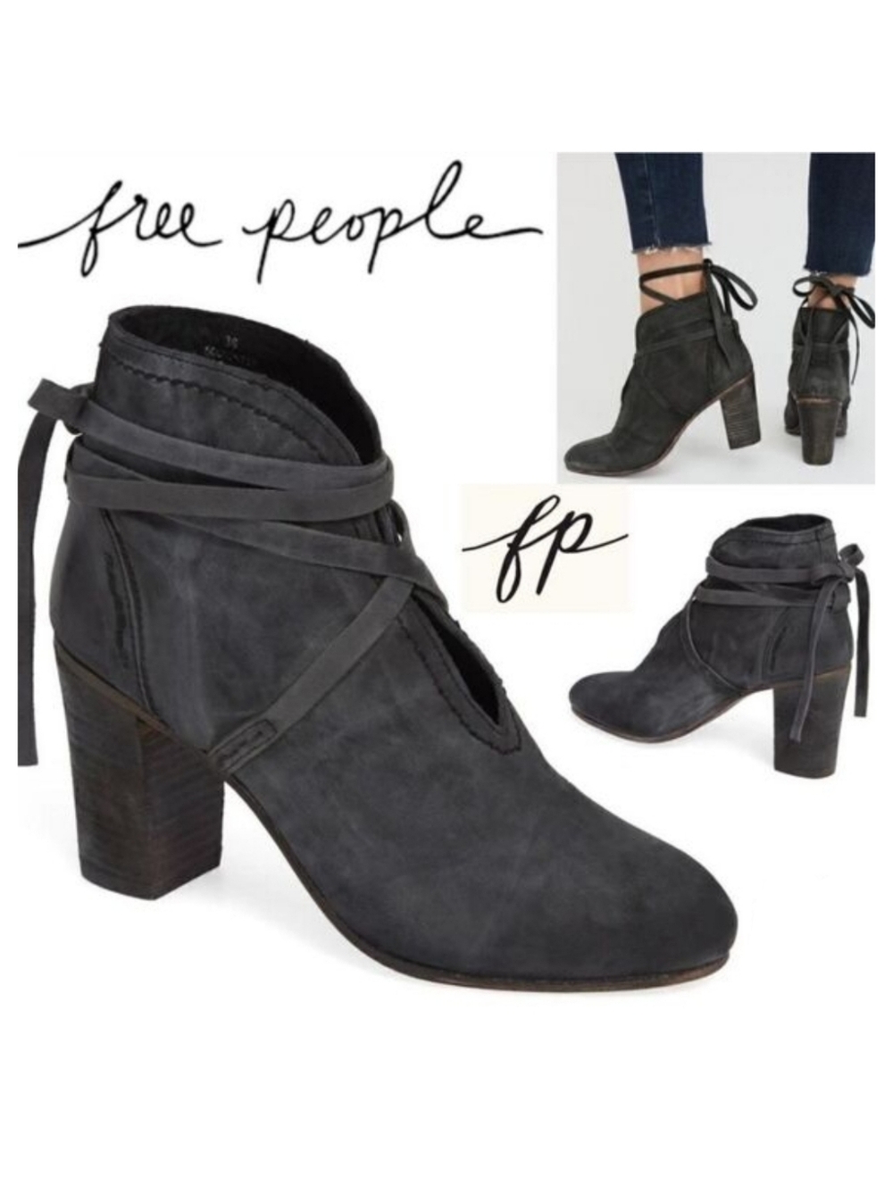 Free People Wrap Around Black‎ Leather Chunky Heel Boho Ankle Boots Booties 38